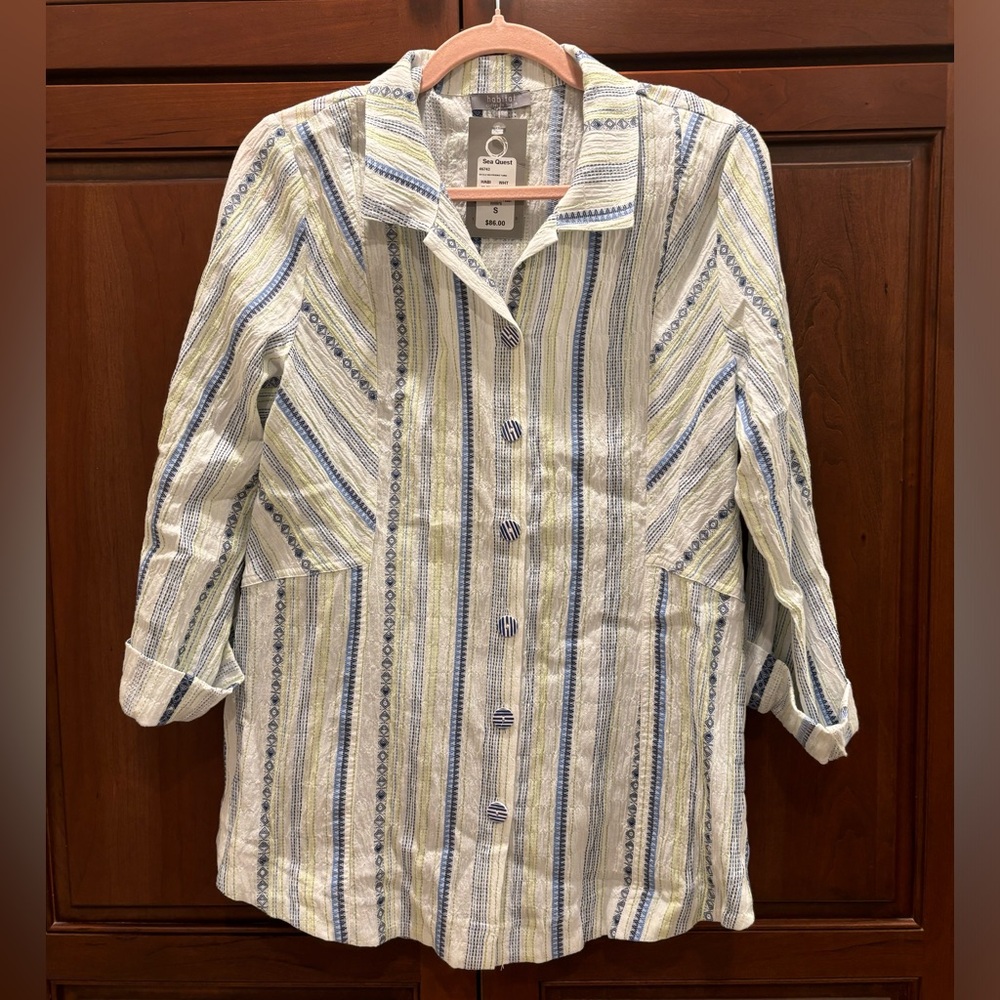 Habitat Cream and Blue Striped Button Down Shirt with Cuffed Sleeves